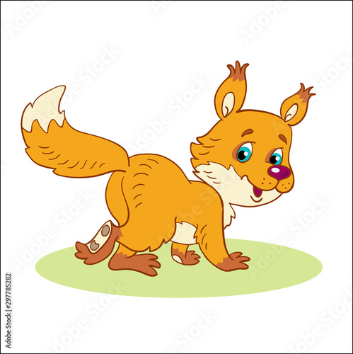 Little, funny, red squirrel on the glade. In cartoon style. Isolated on a white background.