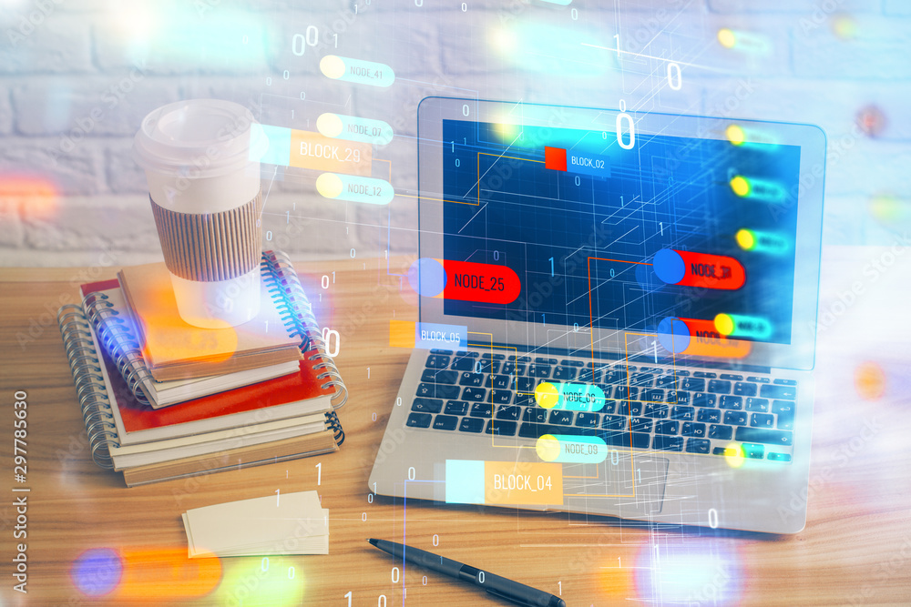 Technology theme drawing and table with computer. Double exposure. Concept of information. Technology theme drawing and table with computer. Double exposure. Concept of information.