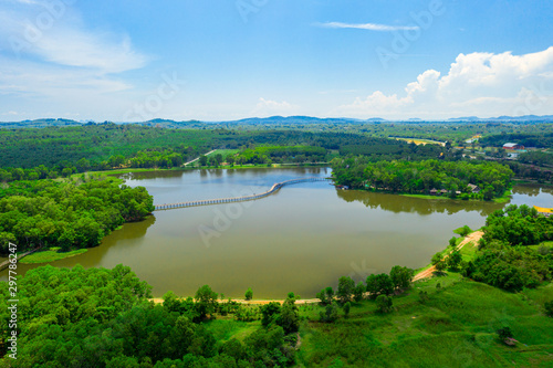 Aerial view of natural reservoir with green nature in Chumphon province  Thailand.