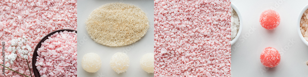 collage of pink bath salt, balls of sugar scrub and natural washcloth on white background