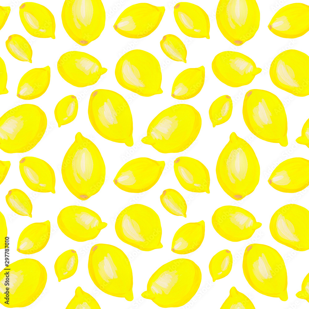 Bright seamless pattern with lemons. Drawn in gouache on paper. Design for kitchen, textile, digital paper, prints.