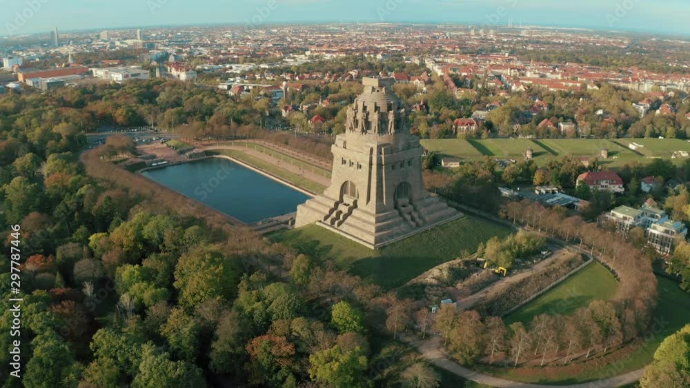 Top aerial panoramic view at the Monument to the Battle of the Nations (Völkerschlachtdenkmal) in Leipzig, Saxony, Germany on a sunny day