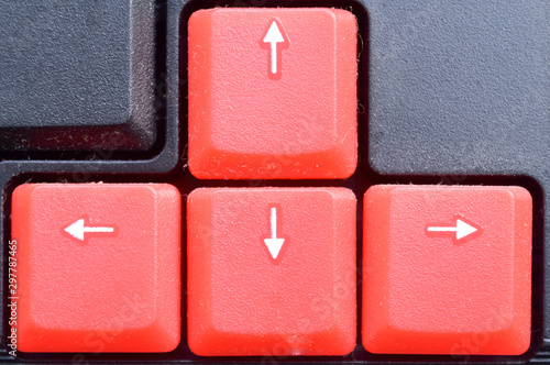 Cursor key, direction keys or navigation arrow keys in numeric pad on computer keyboards. It is made up of four keys the left arrow (back arrow), up arrow, down arrow, and right arrow (forward arrow). photo