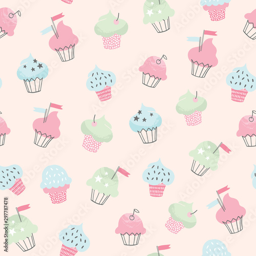 Cupcake vector pattern. Hand drawn cute cupcakes seamless background. Party, birthday, greeting cards, gift wrap, stationery. 