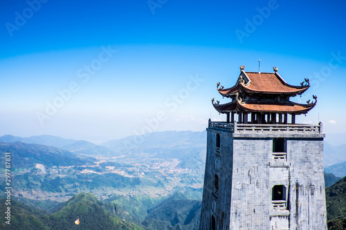 High mountain temple in Vietnam, sunny afternoon, wonderful spring landscape in the mountains