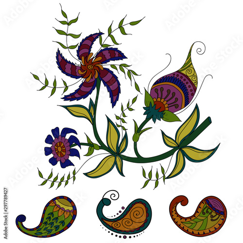 Elements of Indian painting in the kalamkari style with paisleys. Can be used for textiles, patterns, souvenirs and gifts