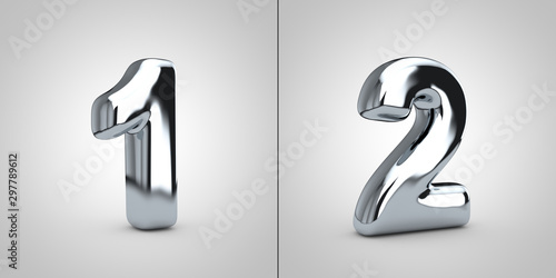 Chrome alphabet numbers 1 and 2 isolated on white background