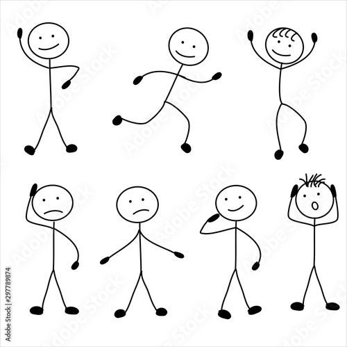 Картината върху платно stick man with different poses of standing, running, jumping, thinking, walking