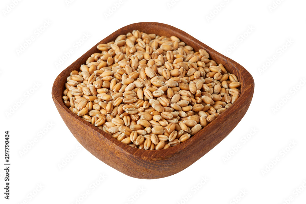 Raw wheat grain in wooden bowl isolated on white background Raw wheat grain in wooden bowl isolated on white background