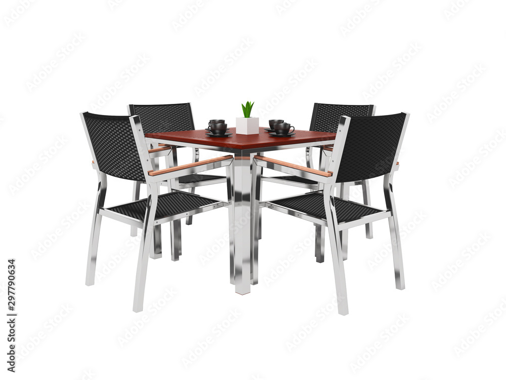 Fototapeta premium Tables and high chairs isolated 3D render on white background no shadow