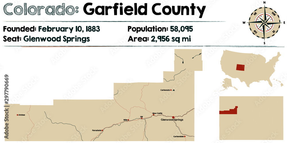 Fototapeta Large and detailed map of Garfield county in Colorado, USA
