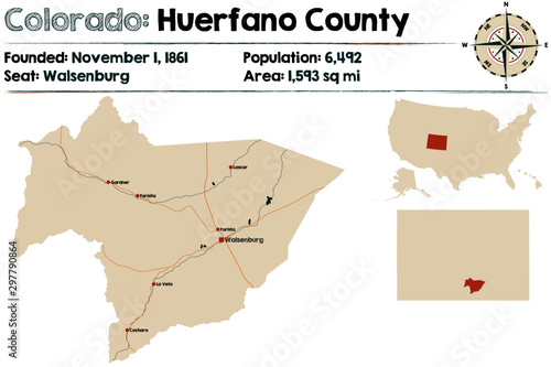 Large and detailed map of Huerfano county in Colorado, USA