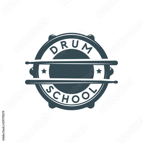 Vector logo of drum school. Logotype, symbol, icon, graphic, vector. Rock music. Drumkit tools. Isolated on white background.