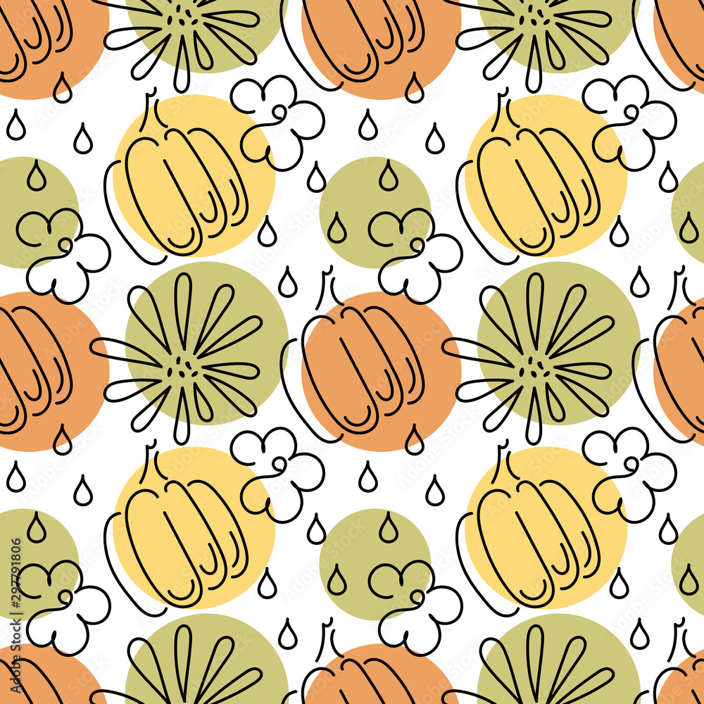 Seamless polka dot pattern. The contours of the pumpkin and flowers. The autumn theme. Seamless polka dot pattern. The contours of the pumpkin and flowers. The autumn theme.