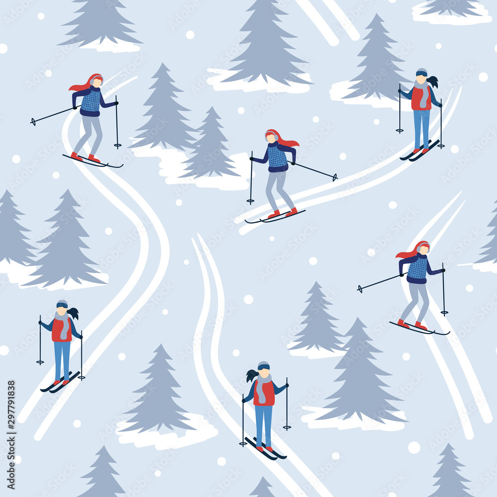 Seamless pattern with people skiing. Winter skiing leisure vector illustration.