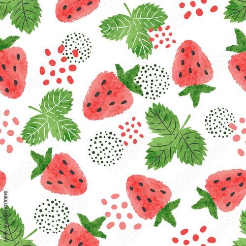 Seamless strawberry pattern. Vector watercolor illustration with berries and leaves.