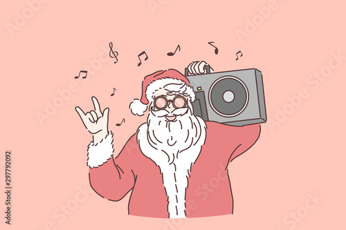 Winter holiday celebration concept. Stylish Santa Claus with boombox on shoulder, santa listening to music, showing rock n roll gesture, new year and Christmas party. Simple flat vector