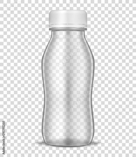 Clear bottle with round white screw cap on transparent background, realistic vector mockup. Liquid food product empty packaging container, mock-up template