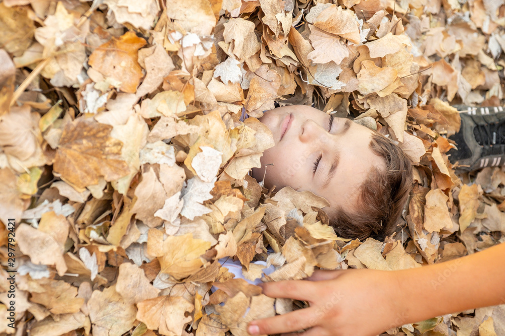 Happy arabic boy enjoying playing with dried leaves outside in th park Happy arabic boy enjoying playing with dried leaves outside in th park