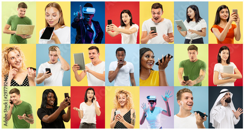 Young attractive emotional people on multicolored backgrounds. Young surprised men and women using gadgets. Human emotions, facial expression concept, modern technologies. Trendy colors in collage.