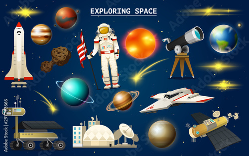 Astronaut in space. Spaceman explores the galaxy. Set of astronomical universe. Planets of the solar system. Cosmonaut explore adventure. Interplanetary travels in the world. telescope.