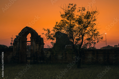 Old pagoda in Wat Maheyong temple at twilight time , Wat Maheyong temple , Location at the Ayutthaya Province in Thailand photo