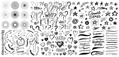Question exclamation mark, underline and hearts, Star and Marker Brush, artistic lines and strokes. Collection of icons and signs Why. Hand drawn Doodle sketch. Abstract Chaotic grunge Elements. photo