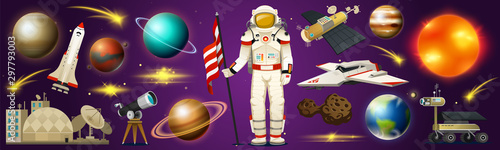 Astronaut in space. Spaceman explores the galaxy. Set of astronomical universe. Planets of the solar system. Cosmonaut explore adventure. Interplanetary travels in the world. telescope.