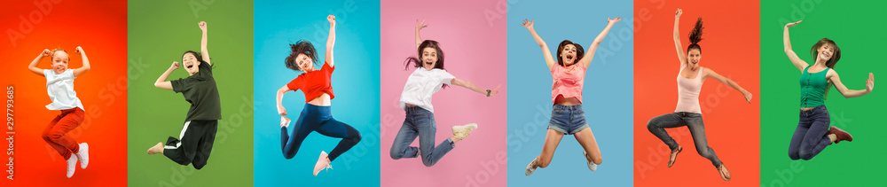 Young emotional people on multicolored backgrounds. Young surprised women jumping happy. Human emotions, facial expression concept, modern technologies. Trendy colors in collage.