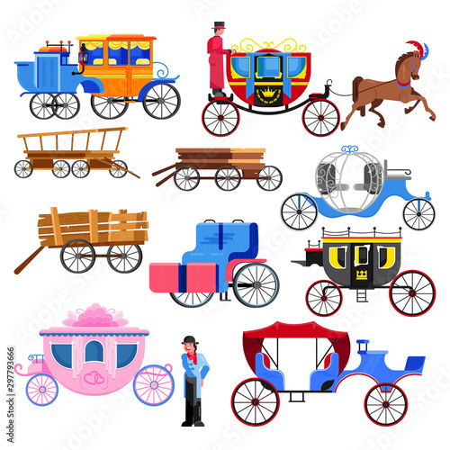 Carriage coach vector vintage transport with old wheels and antique transportation illustration set of coachman character royal for horse and chariot wagon for traveling isolated on white background