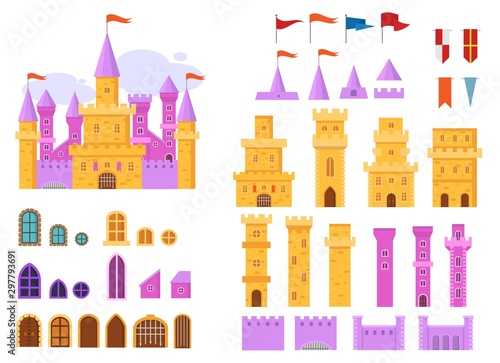 Cartoon castle vector fairytale medieval tower constructor of fantasy palace building in kingdom fairyland illustration set of historical fairy-tale house bastion isolated on white background