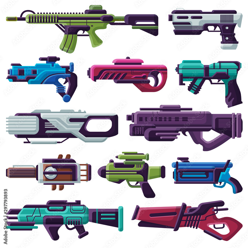 Weapon vector spacegun blaster laser gun with futuristic handgun and raygun of aliens in space illustration set of child pistols isolated on white background