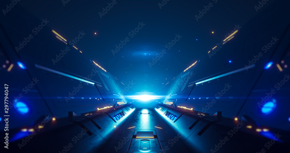 Abstract concept of sci-fi corridor. 3d neon light animation tunnel. 3d render