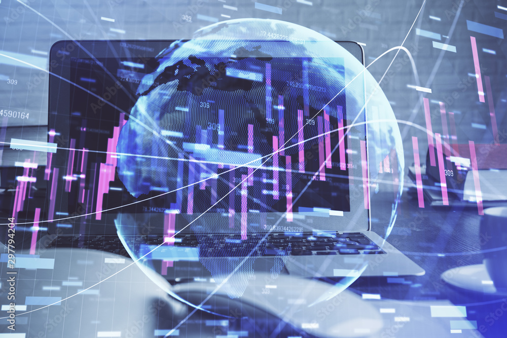 Financial graph colorful drawing and table with computer on background. Multi exposure. Concept of international markets. Financial graph colorful drawing and table with computer on background. Multi exposure. Concept of international markets.