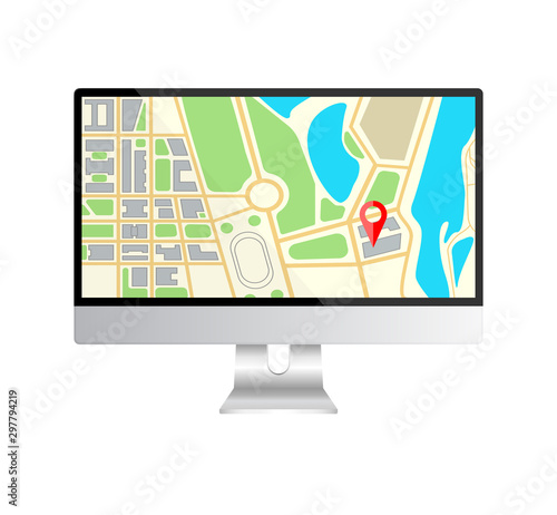 Realistic computer monitor with map navigation on a screen. Computer screen display isolated on white background.  Mock up of equipment for office. Vector illustration.