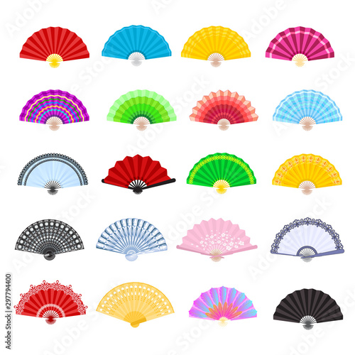 Hand fan vector traditional Japanese accessory and Chinese decoration folding handheld-fan illustration set of open Asian culture design object isolated on white background