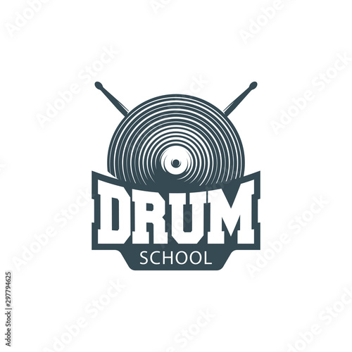Vector logo of drum school. Logotype, symbol, icon, graphic, vector. Rock music. Drumkit tools. Isolated on white background.