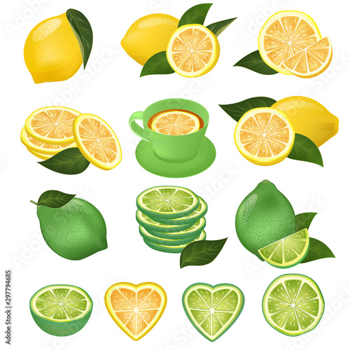 Lemon vector green lime and lemony sliced yellow citrus fruit and fresh juicy lemonade illustration natural set of citric lemon slice cut isolated on white background