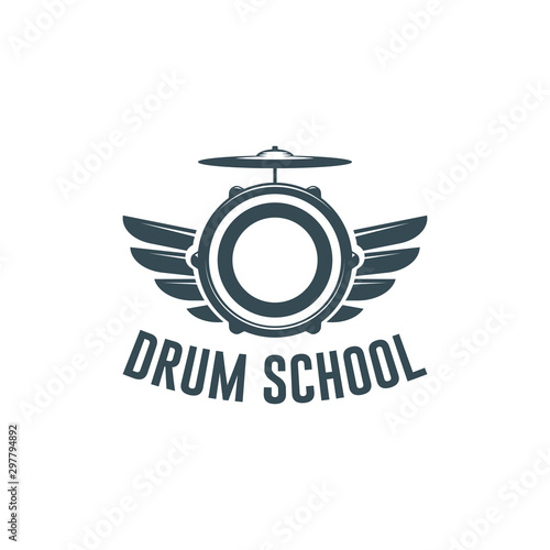 Vector logo of drum school. Logotype, symbol, icon, graphic, vector. Rock music. Drumkit tools. Isolated on white background.