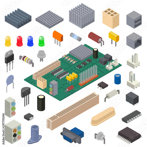 Microchip vector digital chip processor technology integrated circuit of computer hardware illustration set of microprocessor motherboard microcircuit tech board isolated on white background