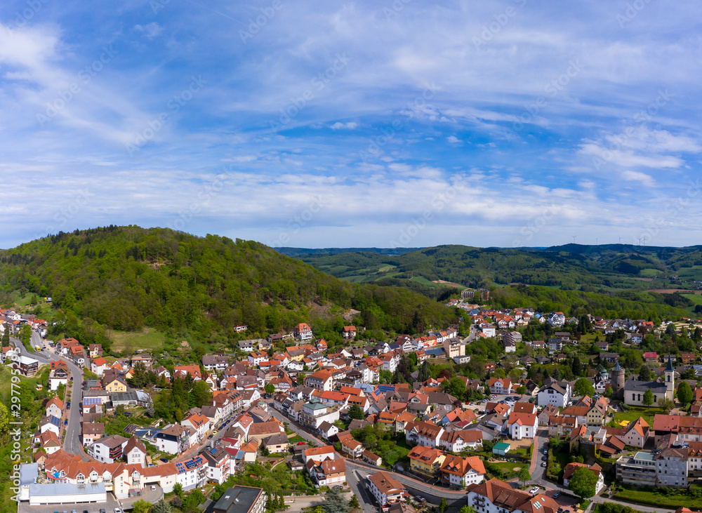 Aerial view of the castle Lindenfels and the medieval town Lindenfels, Bergstrasse, Hesse, Germany