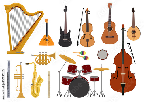 Musical instruments vector music concert with acoustic guitar balalaika and musicians violin harp illustration set wind instruments trumpet saxophone flute isolated on white background