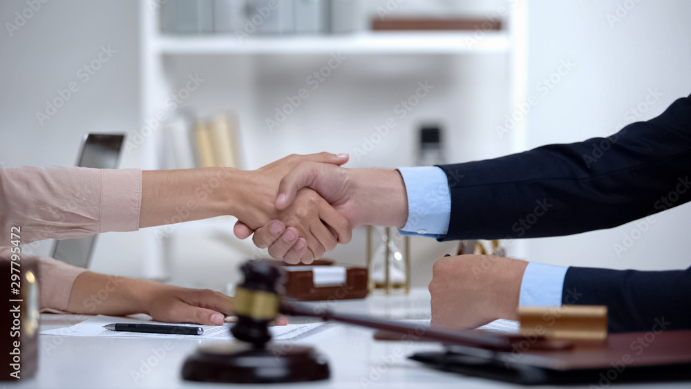 Woman shaking hands with lawyer, successful deal, advertise of attorney service