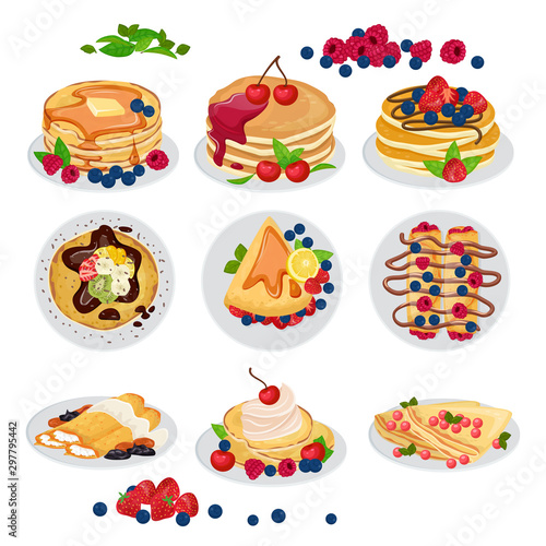 Pancake vector breakfast sweet homemade food dessert and delicious caked snack with syrop honey on plate illustration set of morning pancakes raspberry blackberry isolated on white background