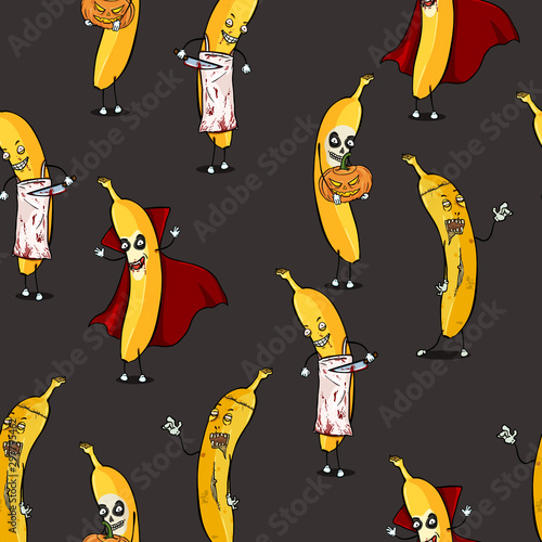 Vector Seamless Halloween Pattern of Banana Characters