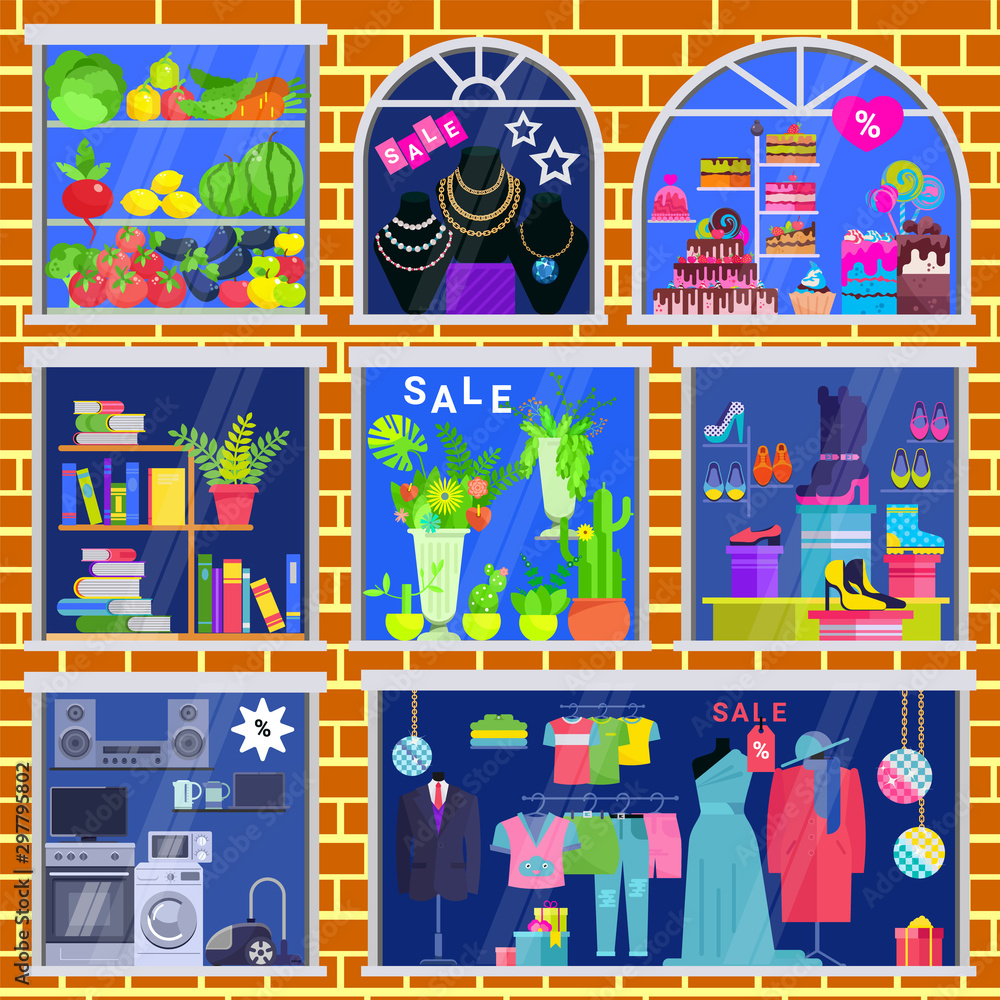 Shop window vector showwindow of book store clothing shop and jewelery ...