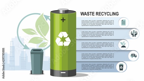Battery and waste recycling concept on city background. Vector