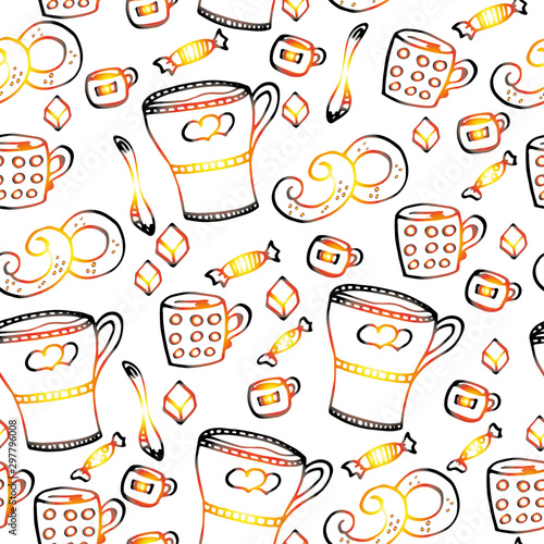 Tea with sweets.Seamless pattern, hand-drawn