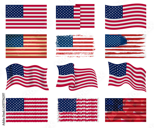 USA flag vector american national symbol of united states with stars stripes illustration freedom independence set of flagged patriotic emblem isolated on white background