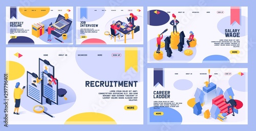 Recruitment vector web page hiring job interviewed people on business interview meeting and interviewer man character recruiting worker in office illustration landing web-page background